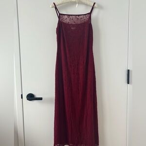 VINTAGE 90s Red Burgundy Velvet Burnout Floral Lace Spaghetti Strap Maxi Dress